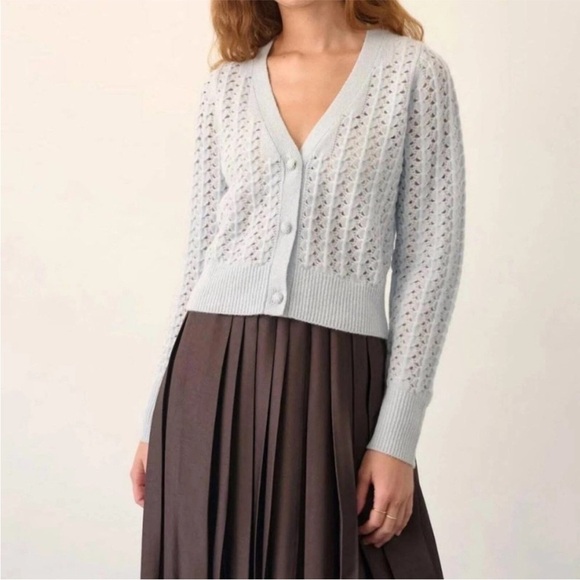 WHITE + WARREN Cashmere Open Stitch Cardigan in Sky Blue Size Medium - Picture 1 of 13